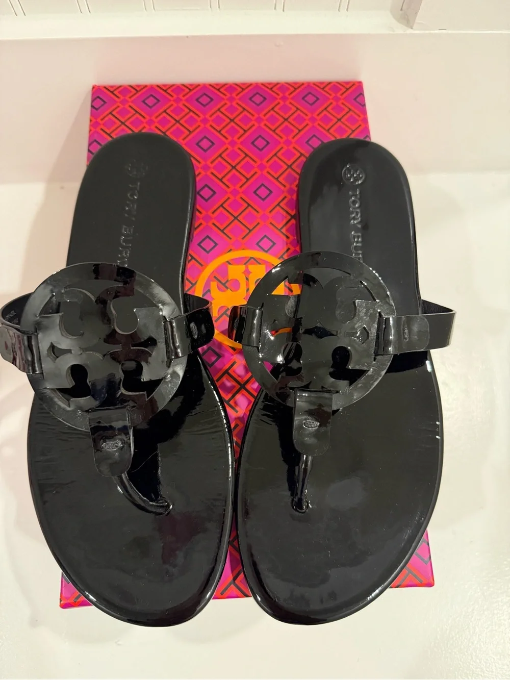 Tory Burch Black Logo Leather Thong Sandals